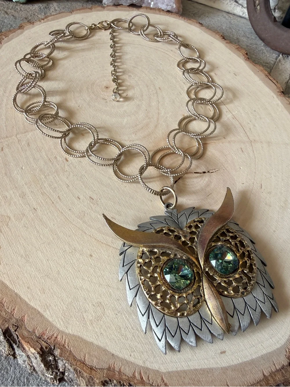 Upcycled Owl Choker Necklace with Green Rhinestone Eyes on Gold Tone Chain OOAK - Picture 8 of 10